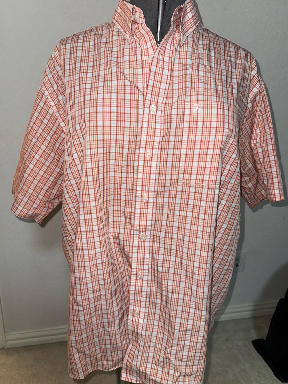 Ariat Men's Short-Sleeve Orange and White Plaid Button-Down Shirt
